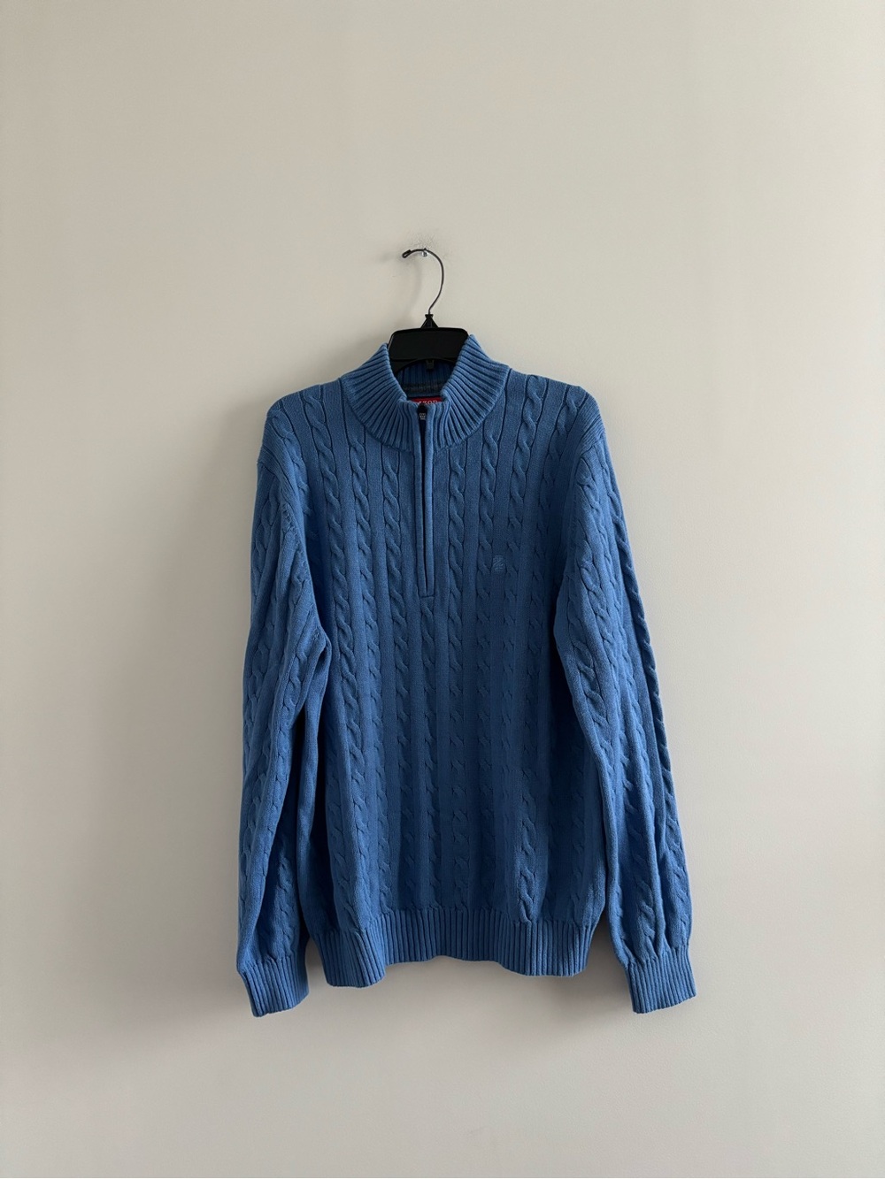 IZOD Sweater Cable Knit Quarter Zip Blue Cotton Mens L Preppy Tennis Old Money